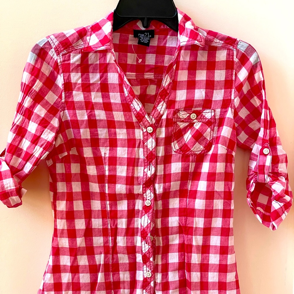 Red plaid button down shirt with pocket